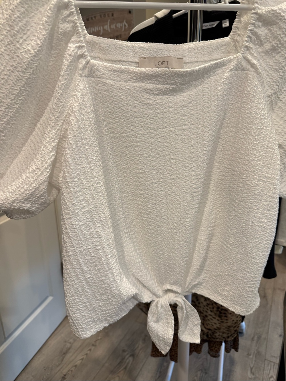 LOFT White Textured Tie-Front Puff Sleeve Top